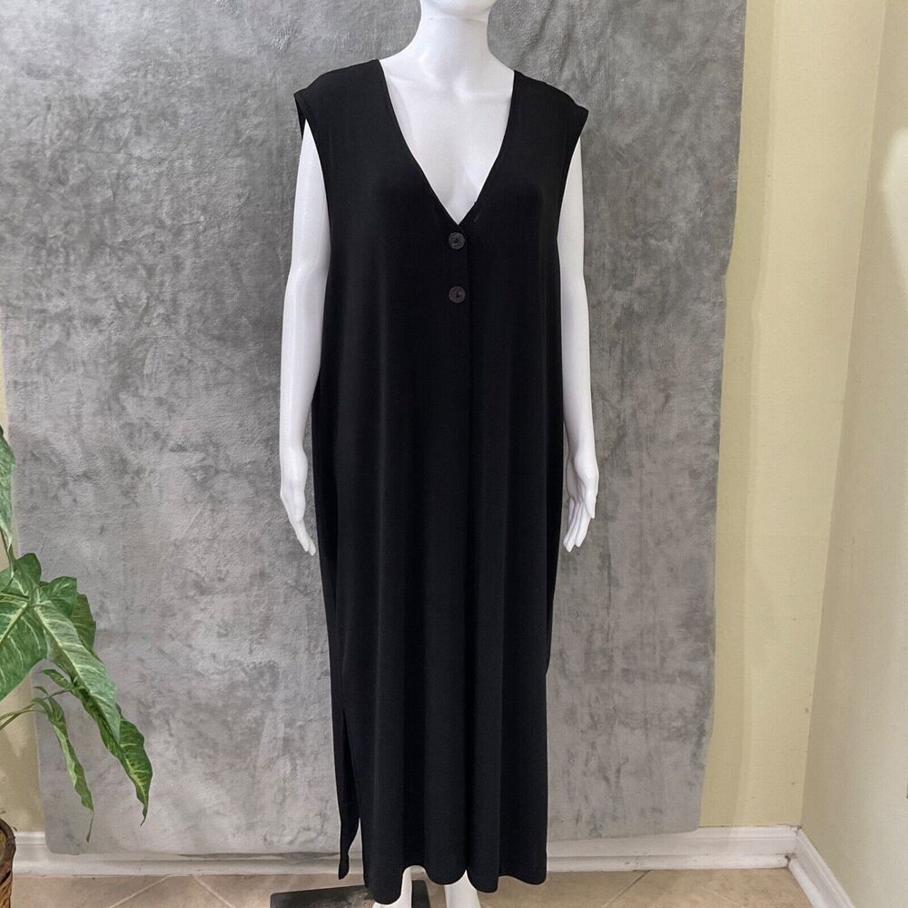 Fern Dratten Slinky Knit Duster Women’s OS 2 button Sleeveless Black travel